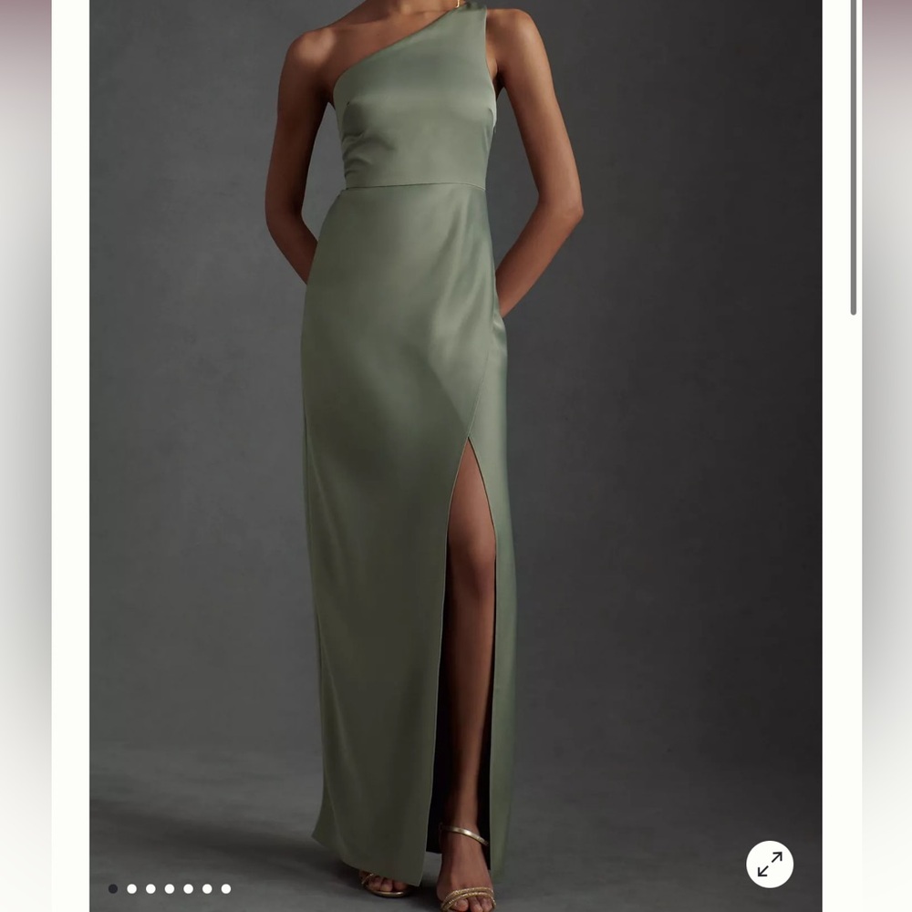 BHLDN Dylan One Shoulder Satin Side-Slit Gown (color Moss) size 4